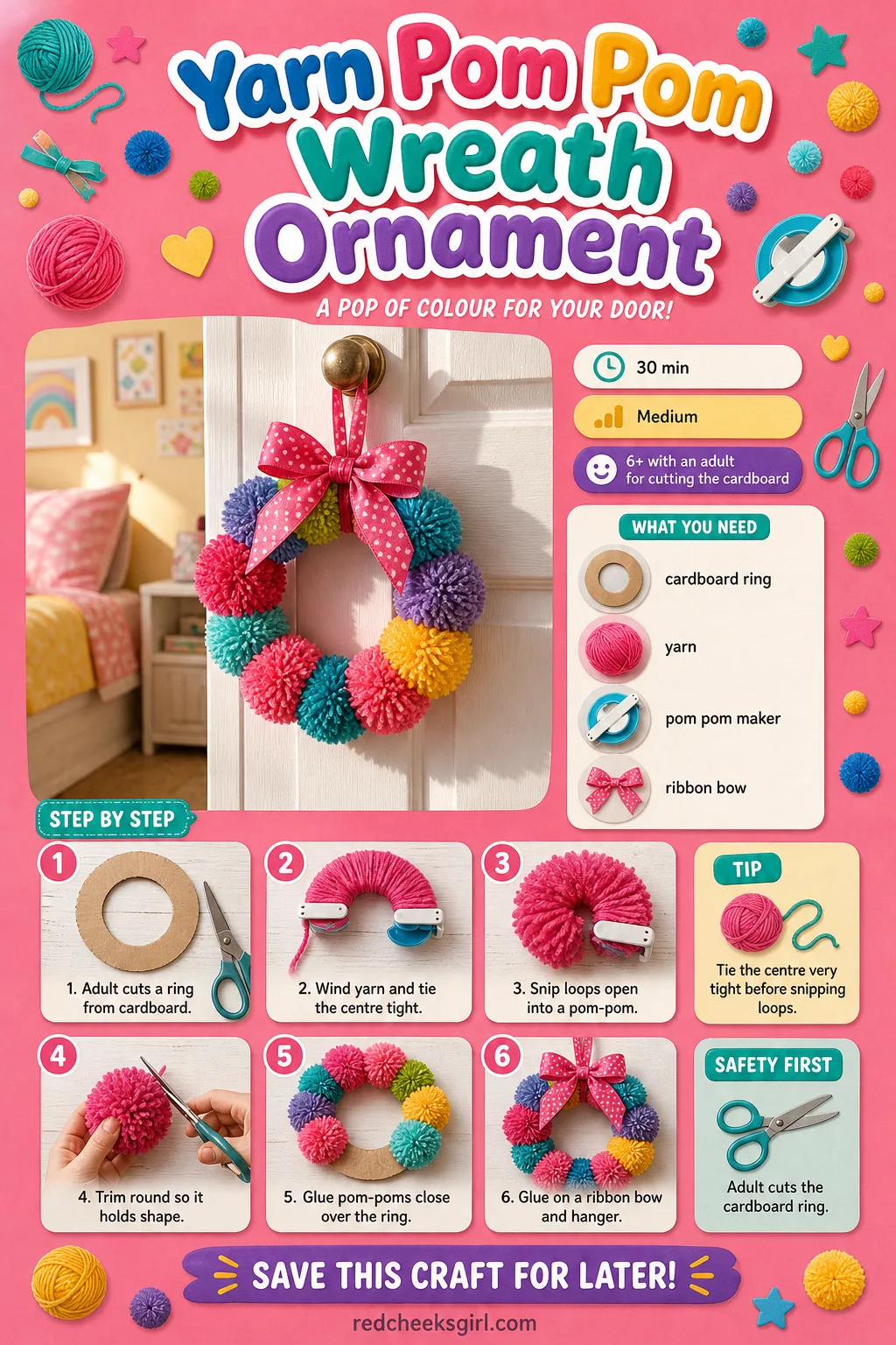 Yarn Pom Pom Wreath Ornament Craft Card printable sheet — Printable card with the finished yarn pom pom wreath photo and five step method. Easy christmas