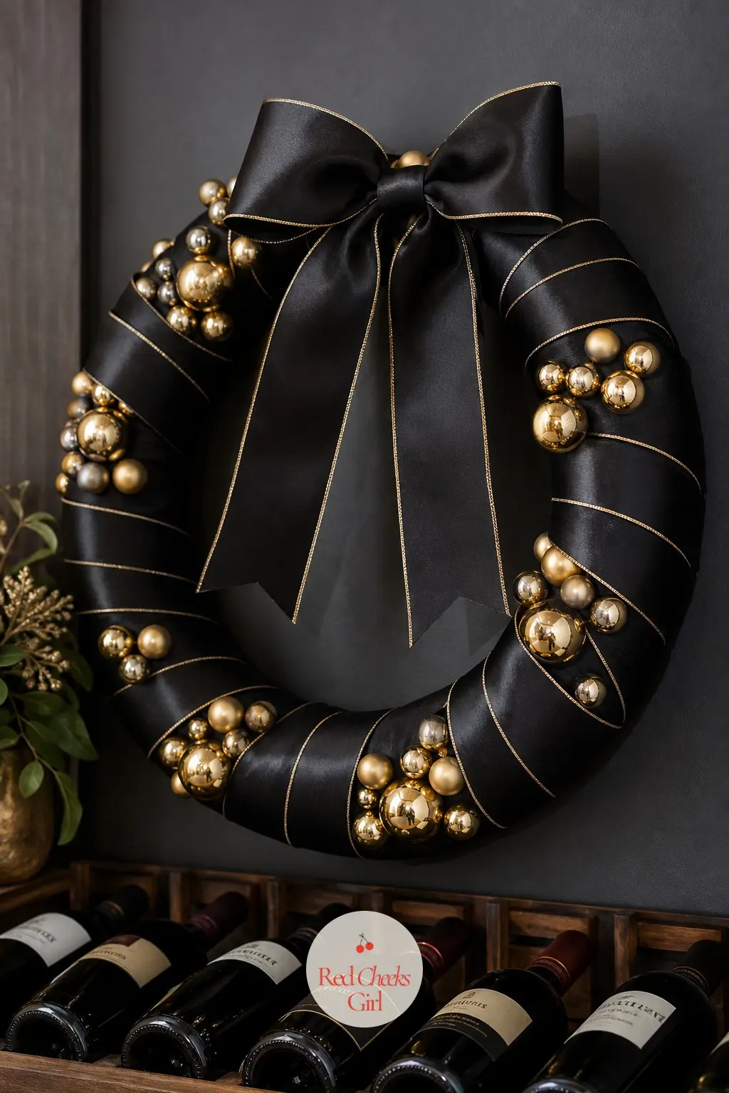 The Black and Gold Statement Wreath for the Wine Rack Wall — Black ribbon wound thickly around the whole ring, with gold ornaments the only other colour