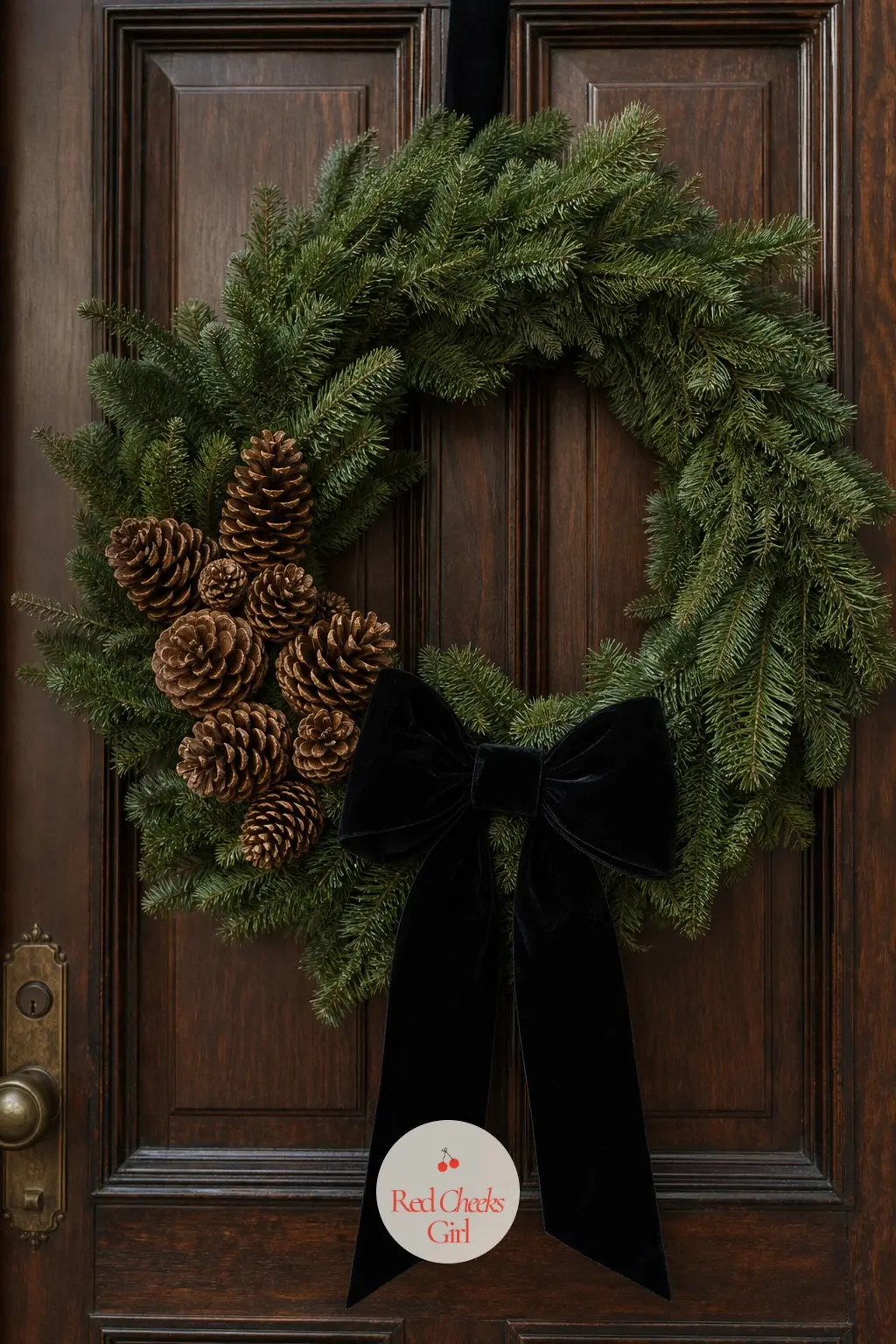 The Black Velvet Bow and Pinecone Cluster Wreath for the Library Door — Black velvet against natural pinecones is an unexpected pairing that reads more like a