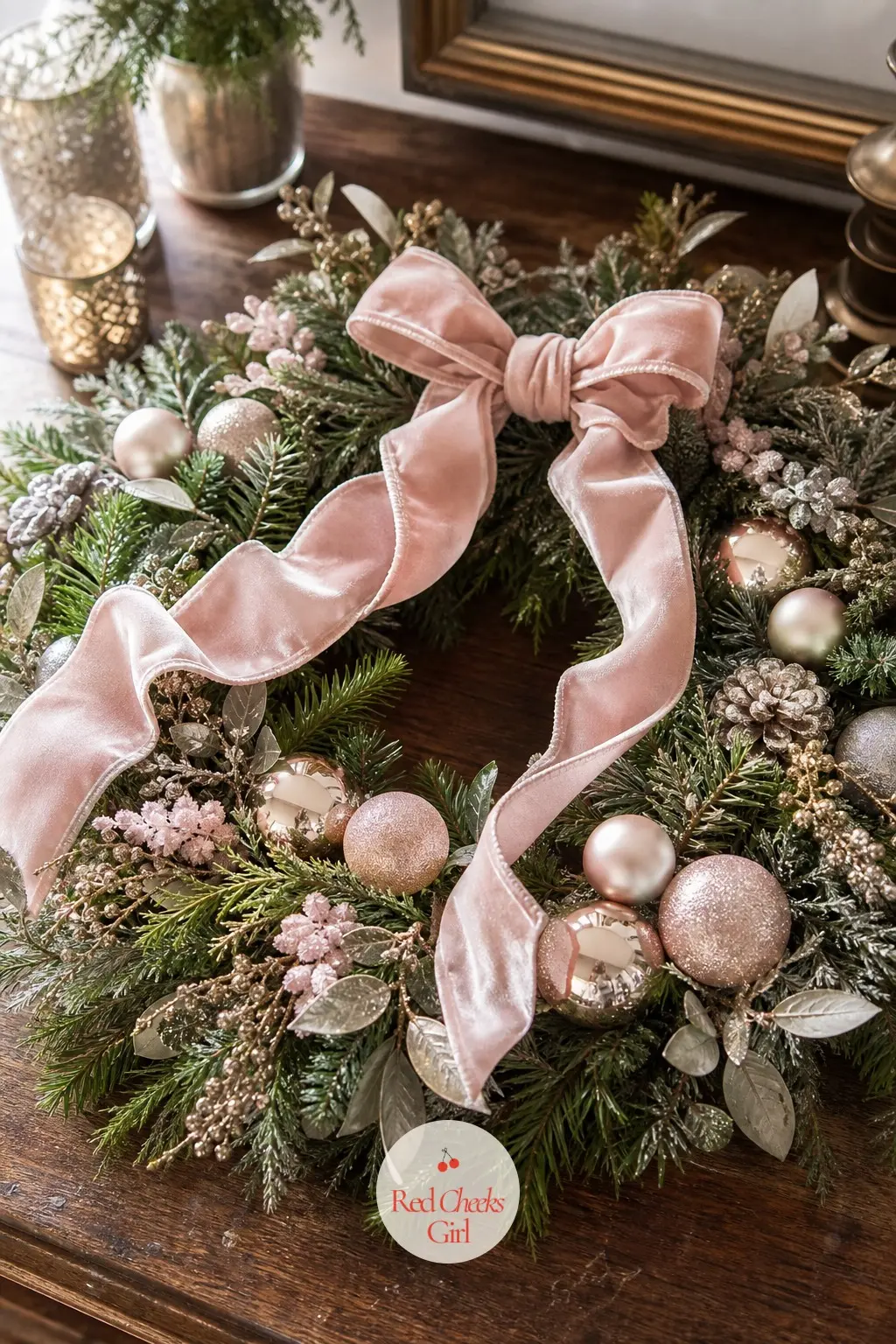 The Blush and Champagne Wreath for the Front Hall Table — Blush ribbon against champagne ornaments softens the usual gold and red palette into something that