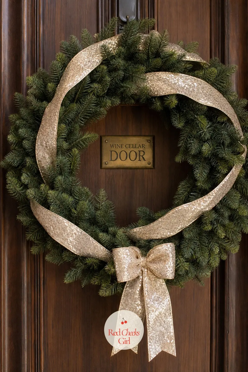 The Champagne Sequin Ribbon Wreath for the Wine Cellar Door — Sequin ribbon in champagne rather than silver avoids looking like a party decoration left over
