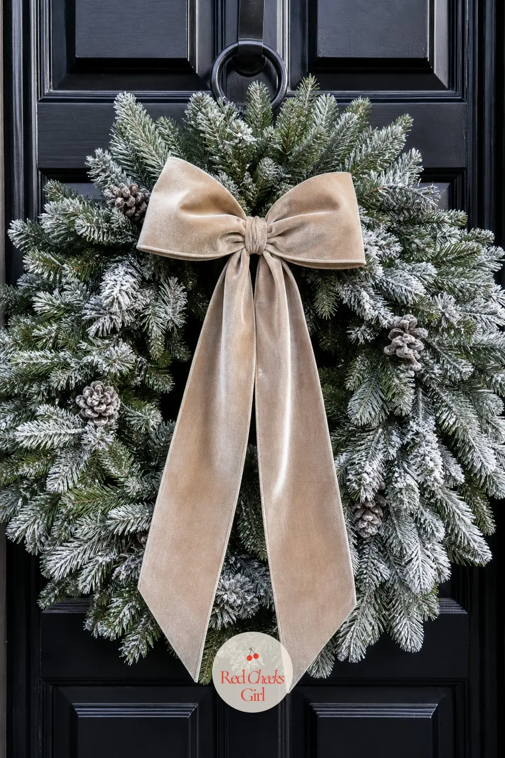 The Champagne Velvet Bow and Frosted Pine Wreath for the Front Door — Start with a plain faux pine wreath and a light coat of frost spray on the tips. Elegant