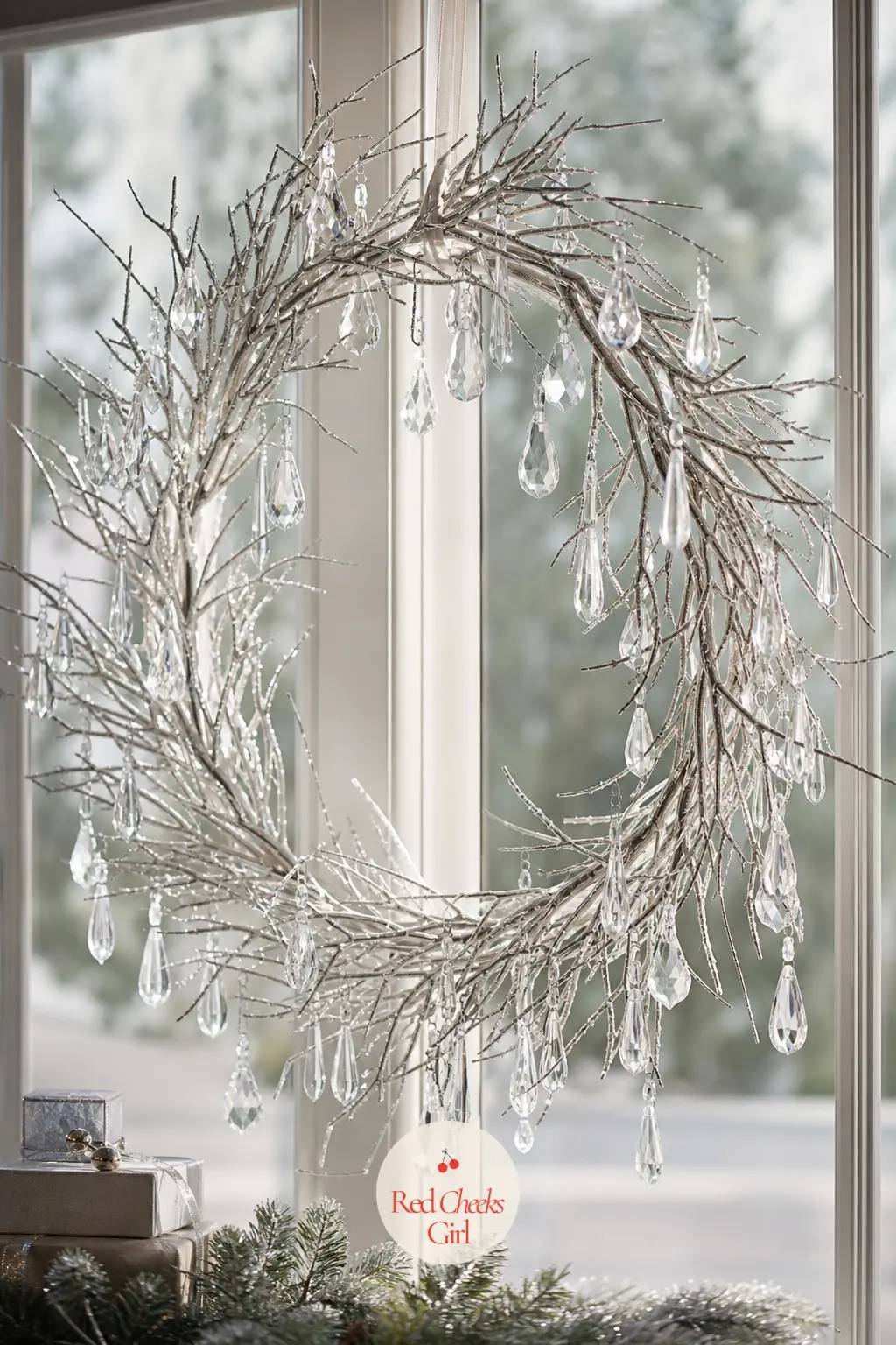 The Crystal Teardrop and Silver Branch Wreath for the Formal Living Room Window — Bare silvered branches, with no greenery at all, let a handful of clear