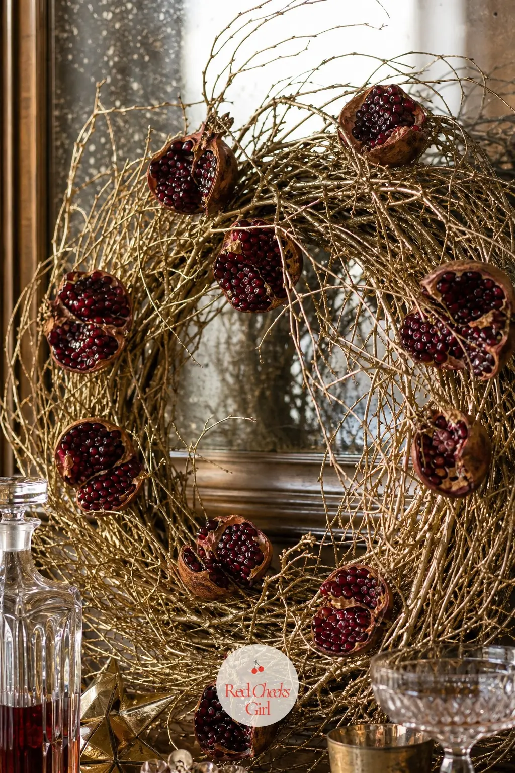 The Dried Pomegranate and Gold Twig Wreath for the Home Bar Mirror — Dried pomegranate halves, sliced to show the seeds, bring a deep red that nothing else in