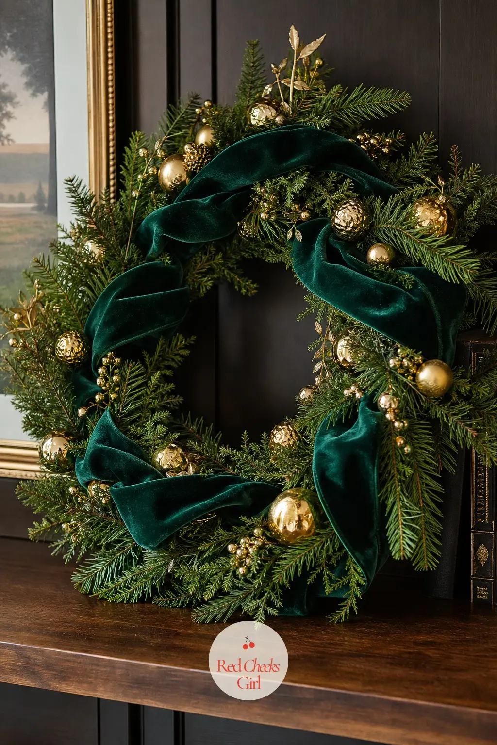 The Emerald and Gold Velvet Wreath for the Media Room Shelf — An entirely emerald velvet ribbon, wound thickly with just a few small gold ornaments tucked in