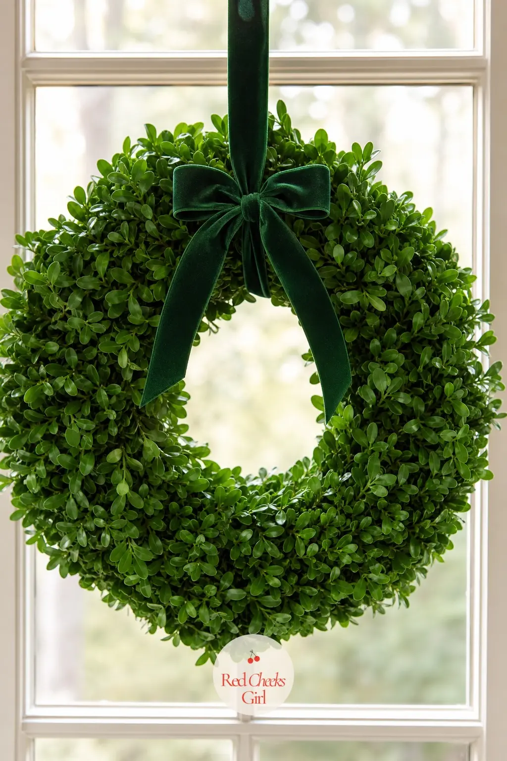 The Forest Green Velvet Ribbon and Clipped Boxwood Wreath for the Breakfast Room Window — Boxwood keeps a tight, clipped shape that nothing else quite matches