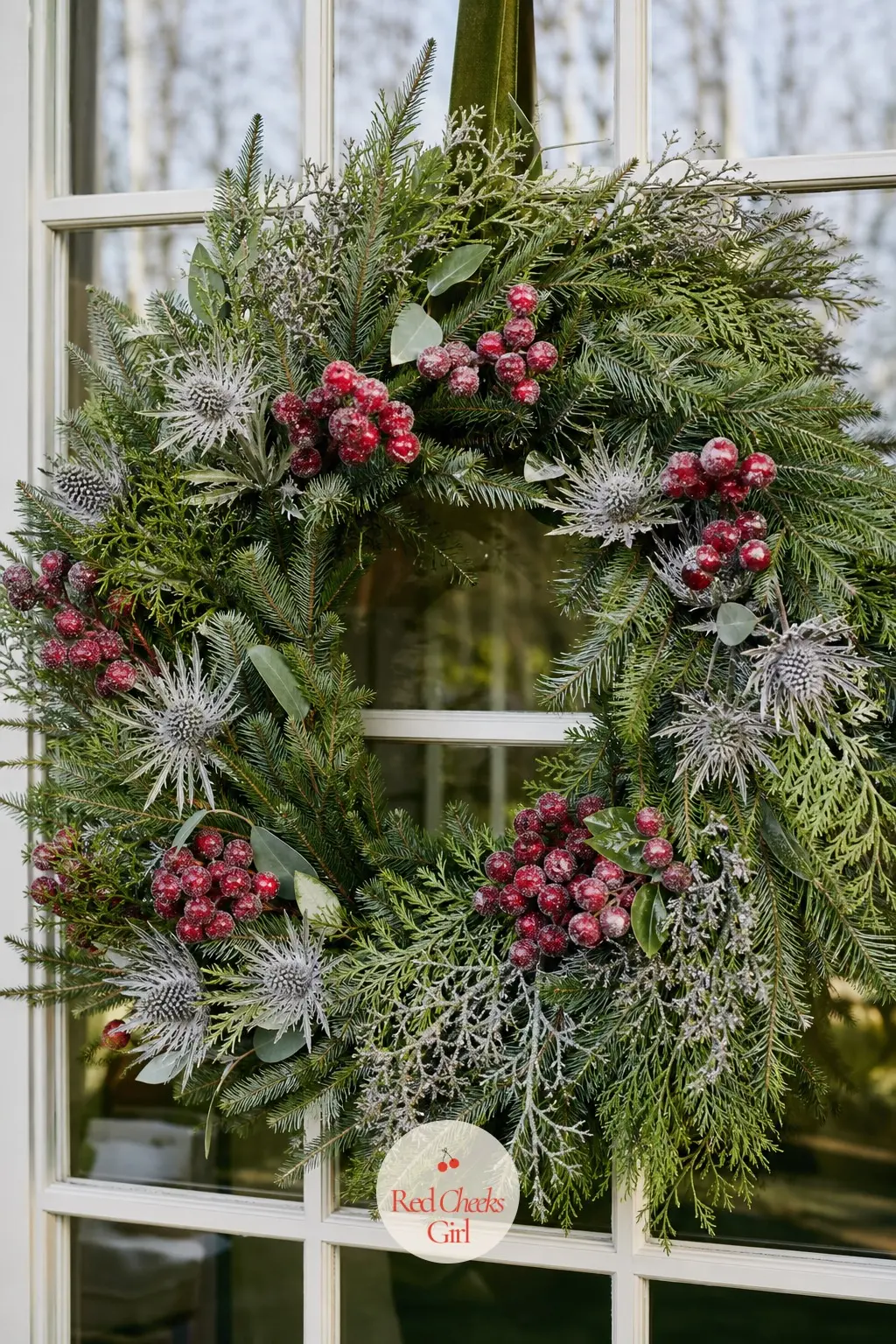 The Frosted Cranberry and Silver Thistle Wreath for the Sunroom Door — Frosted faux cranberries hold their colour for the whole season, unlike the real ones