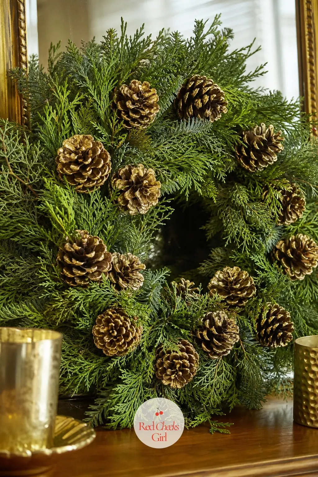 The Gold Leaf Pinecone Wreath for the Dining Room Sideboard — Gilding just the tips of real pinecones, rather than the whole cone, keeps the gold from looking