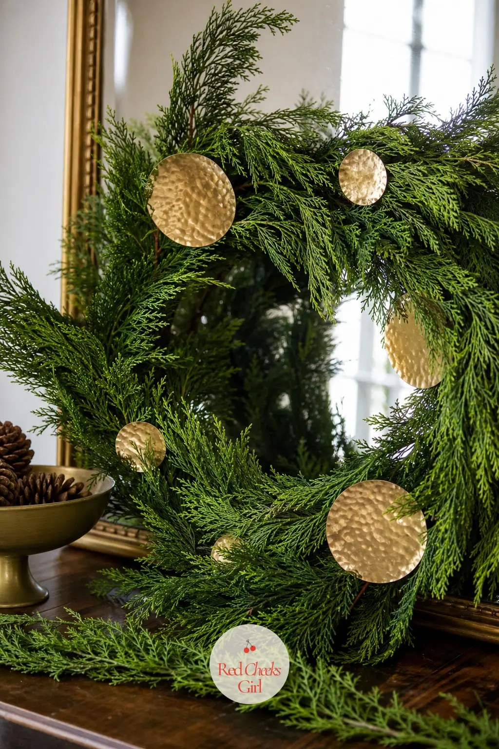 The Hammered Gold Disc and Cedar Wreath for the Foyer Console — Flat hammered discs, the kind sold for jewellery making, wire onto a cedar base in place of