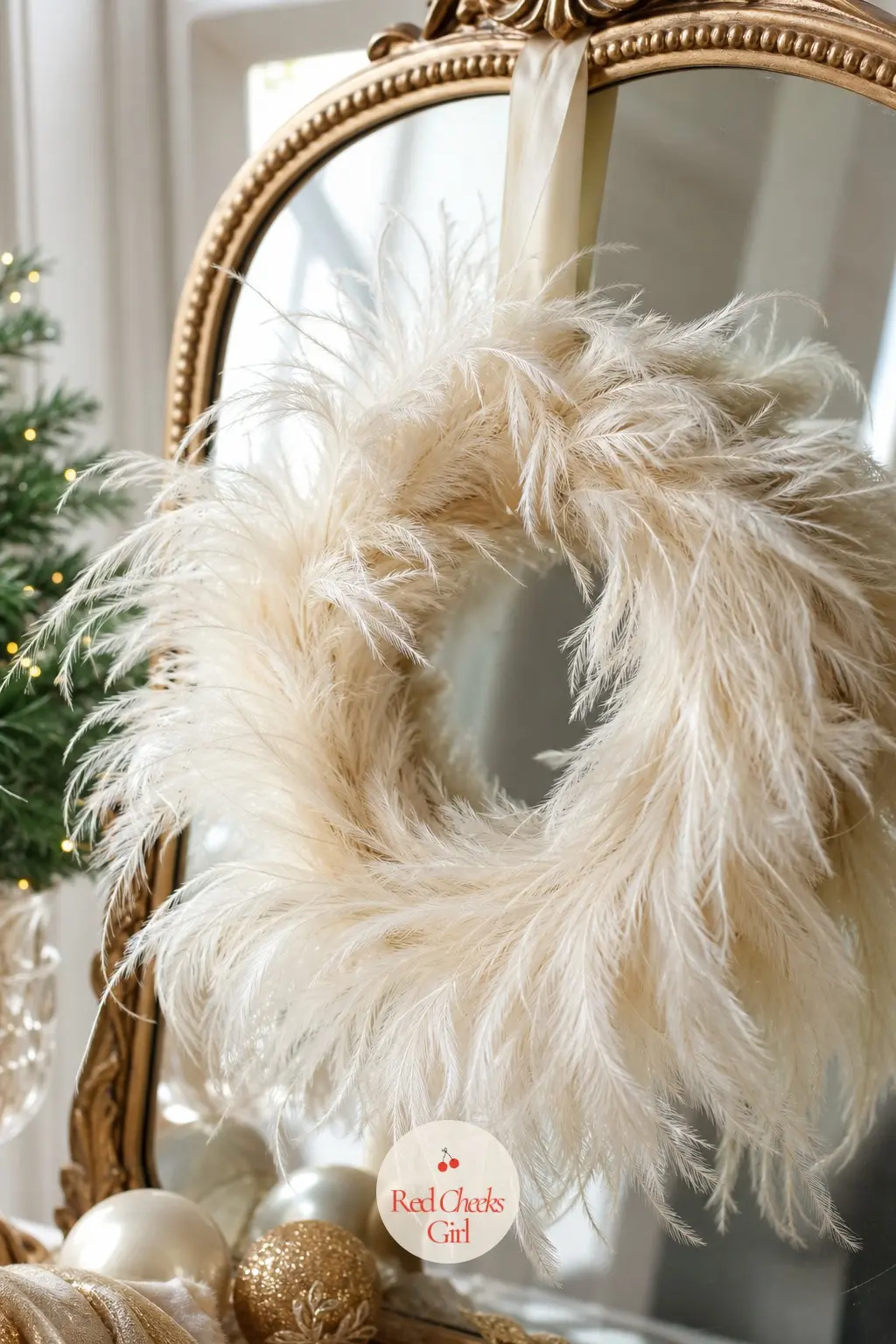 The Ivory Ostrich Feather Wreath for the Vanity Mirror — Feathers move with any draft in the room, which gives a still object a bit of life a fixed wreath