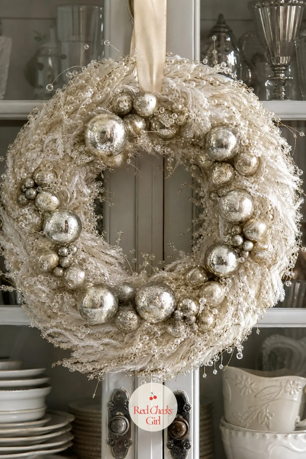 The Mercury Glass Ornament Wreath for the Kitchen Hutch — Mercury glass ornaments have a cloudy, antique silver finish that plain shiny glass does not, and