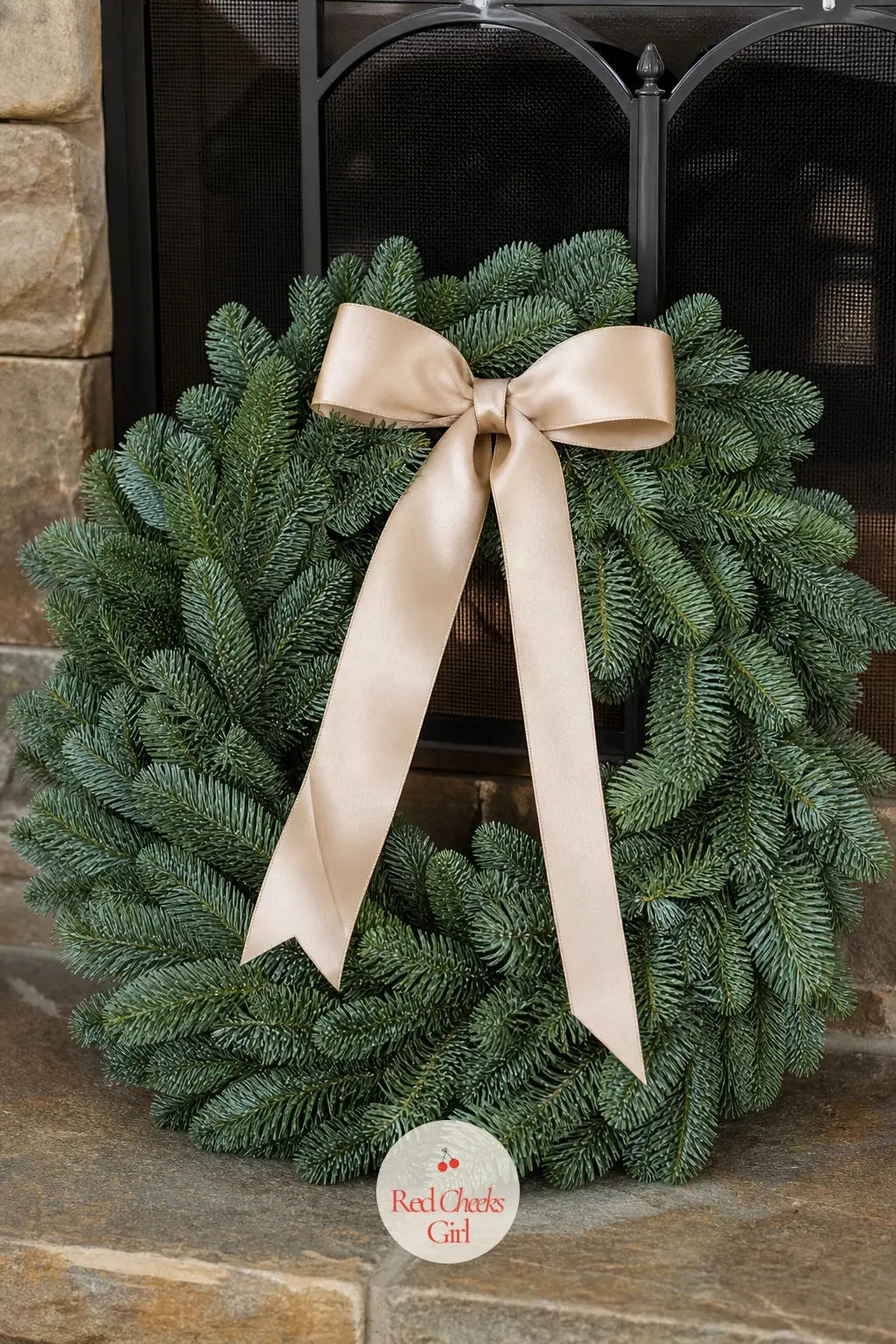 The Noble Fir and Champagne Ribbon Wreath for the Fireplace Screen — Noble fir has a bluer, fuller needle than standard pine and holds a shape well when