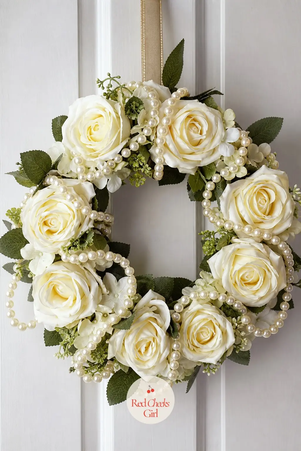 The Pearl Strand and White Rose Wreath for the Primary Closet Door — Strands of faux pearl, wound loosely between cream faux roses, give a wreath the look of