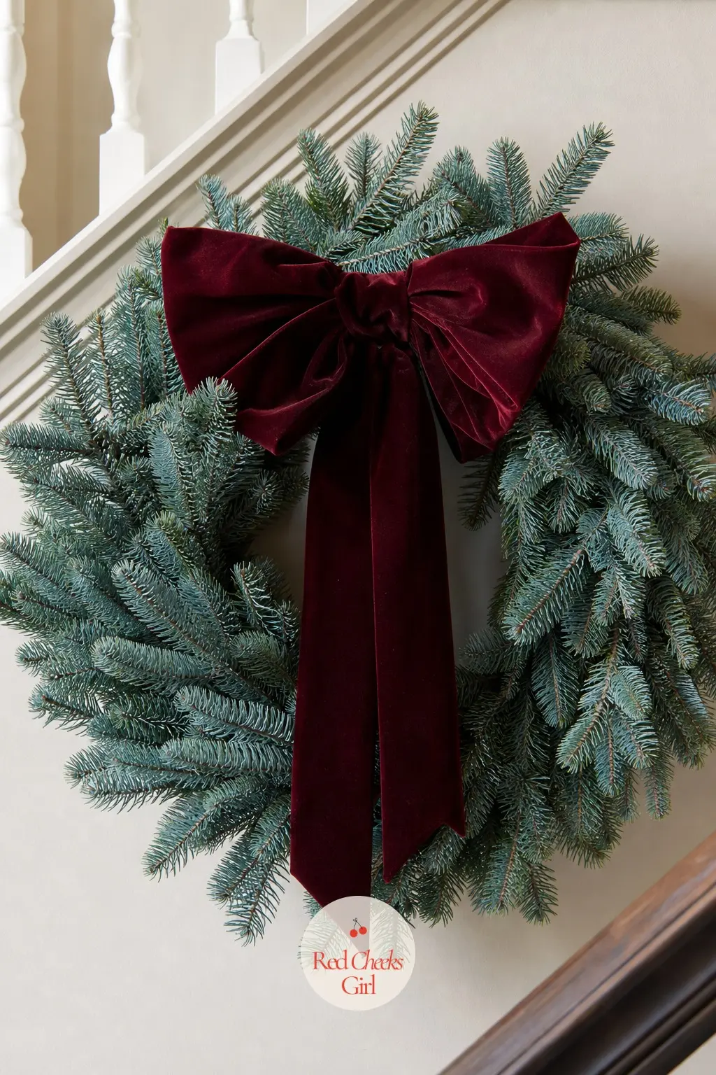 The Wine-Dark Velvet Bow and Blue Spruce Wreath for the Staircase Landing — Blue spruce reads cooler and more grown-up than standard pine, and a wine-dark