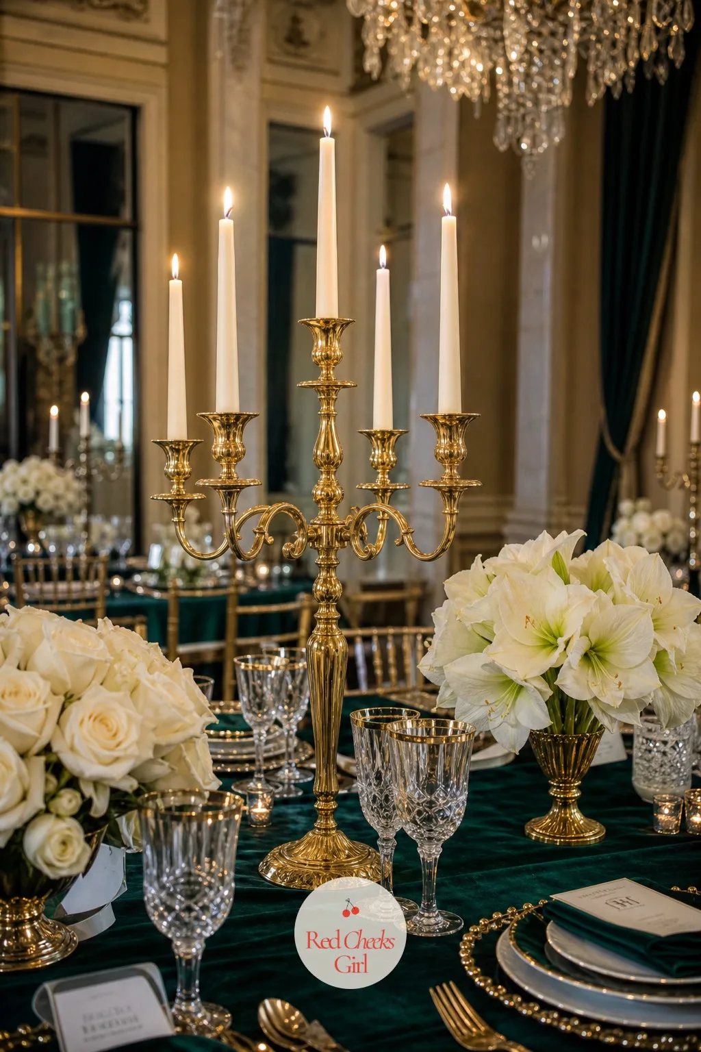 The Candelabras — Overhead light alone leaves a long table looking a little flat by nine o'clock. Elegant winter wedding