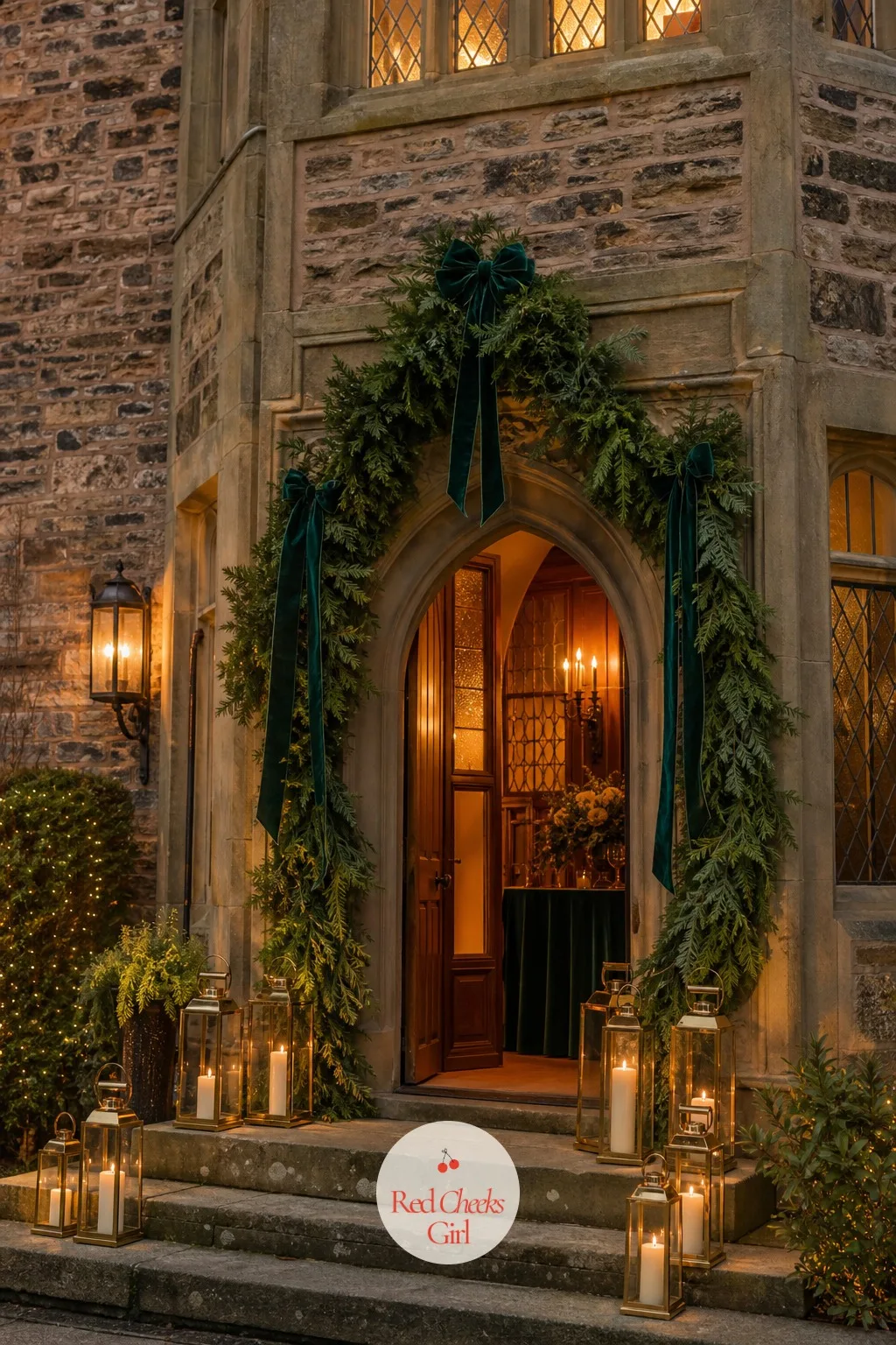 The Candlelit Welcome Entrance — Guests arrive from the cold into a doorway wrapped in evergreen garland, lanterns glowing on either side of the step. Elegant