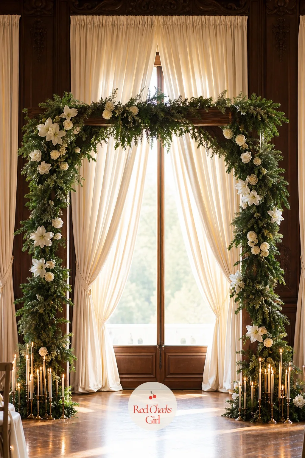 The Ceremony Arch — This is where the vows actually happen, and a bare arch photographs like an afterthought. Elegant winter wedding