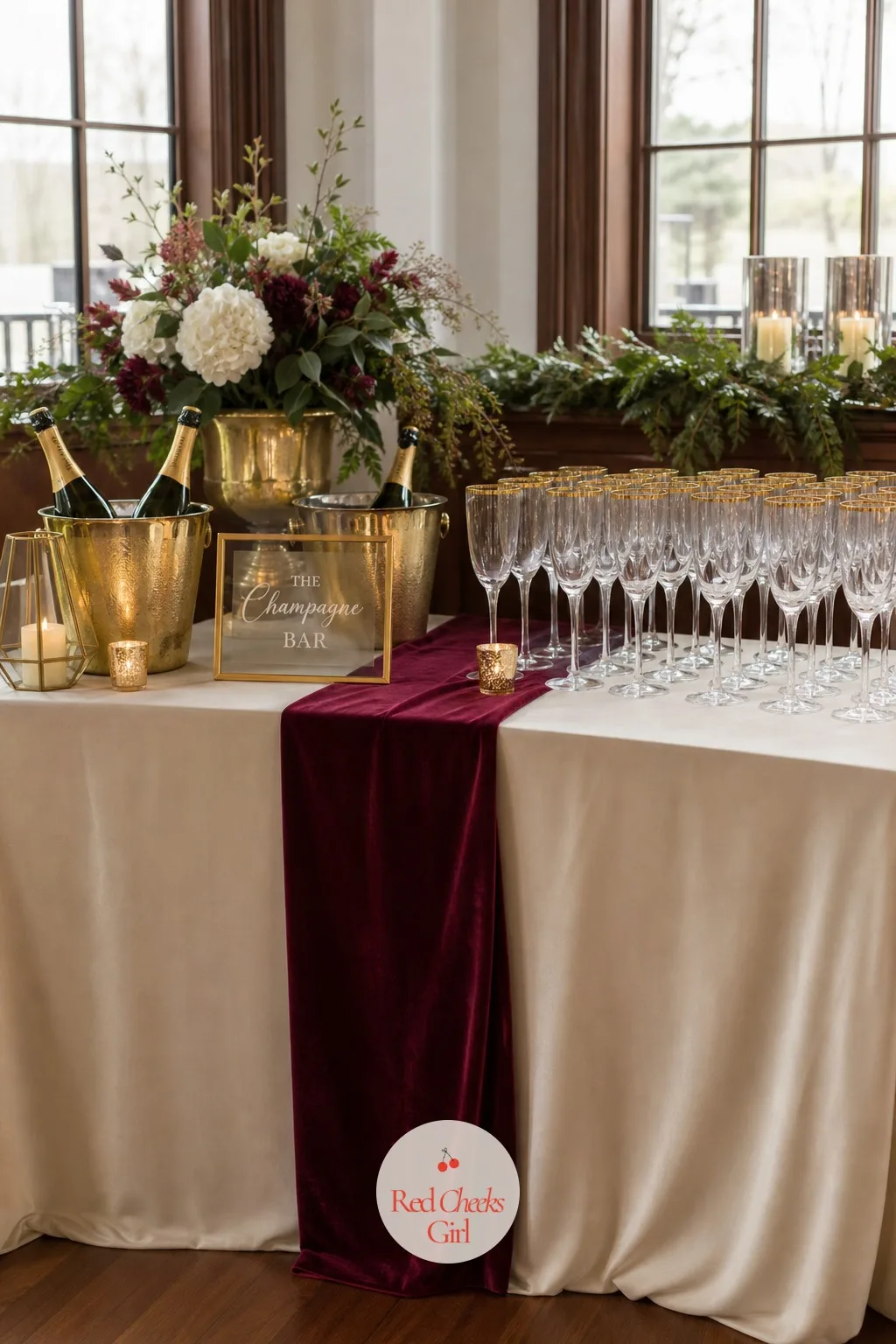 The Champagne Bar — A tray of pre-poured glasses at the door does the job but says nothing. Elegant winter wedding