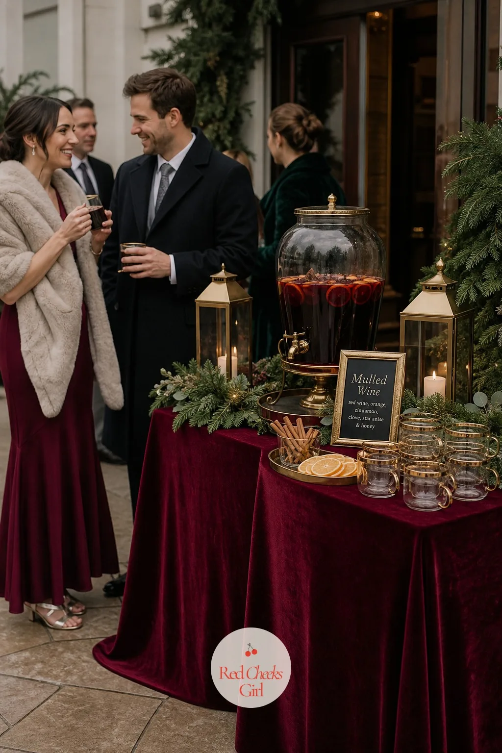 The Mulled Wine Station — Guests arriving from the cold want something in their hands before the ceremony even starts, and a champagne flute does not warm
