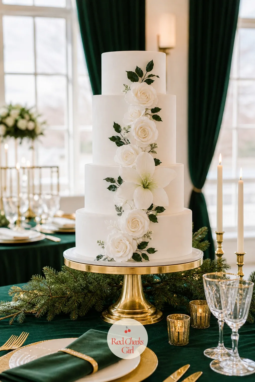 The Tiered White Cake — A plain white cake can look like an afterthought next to a room this dressed. Elegant winter wedding