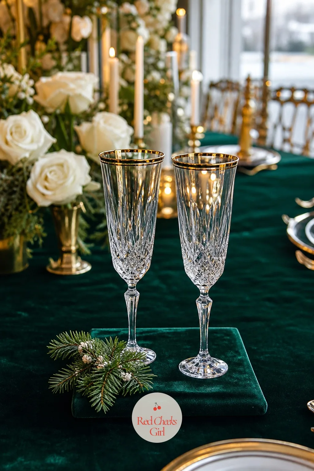 The Toasting Flutes — Every other glass on the table is a rental, but the couple's own pair is the one that goes home with them. Elegant winter wedding