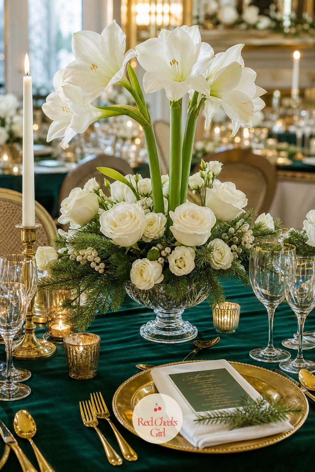 The White Rose and Amaryllis Centerpieces — A centerpiece that is only white flowers can look flat under ballroom light. Elegant winter wedding