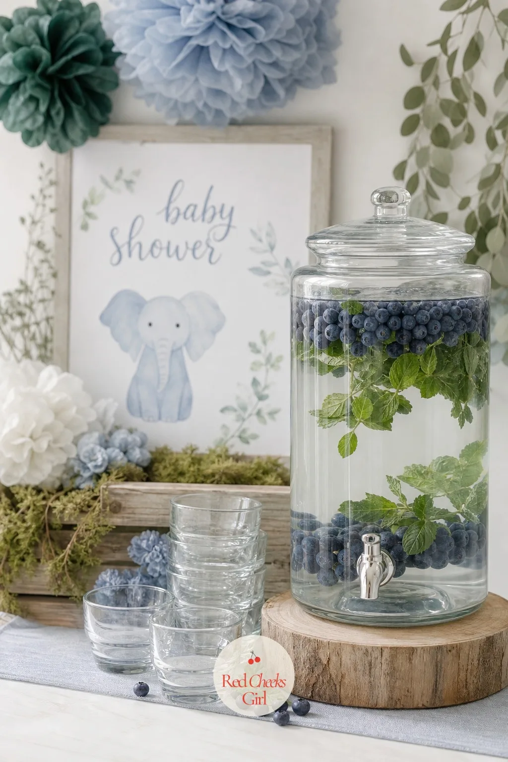Dusty Blue And Emerald Infused Water — Not everyone wants something sweet by the second hour, and a water station gives them an easy out without feeling like