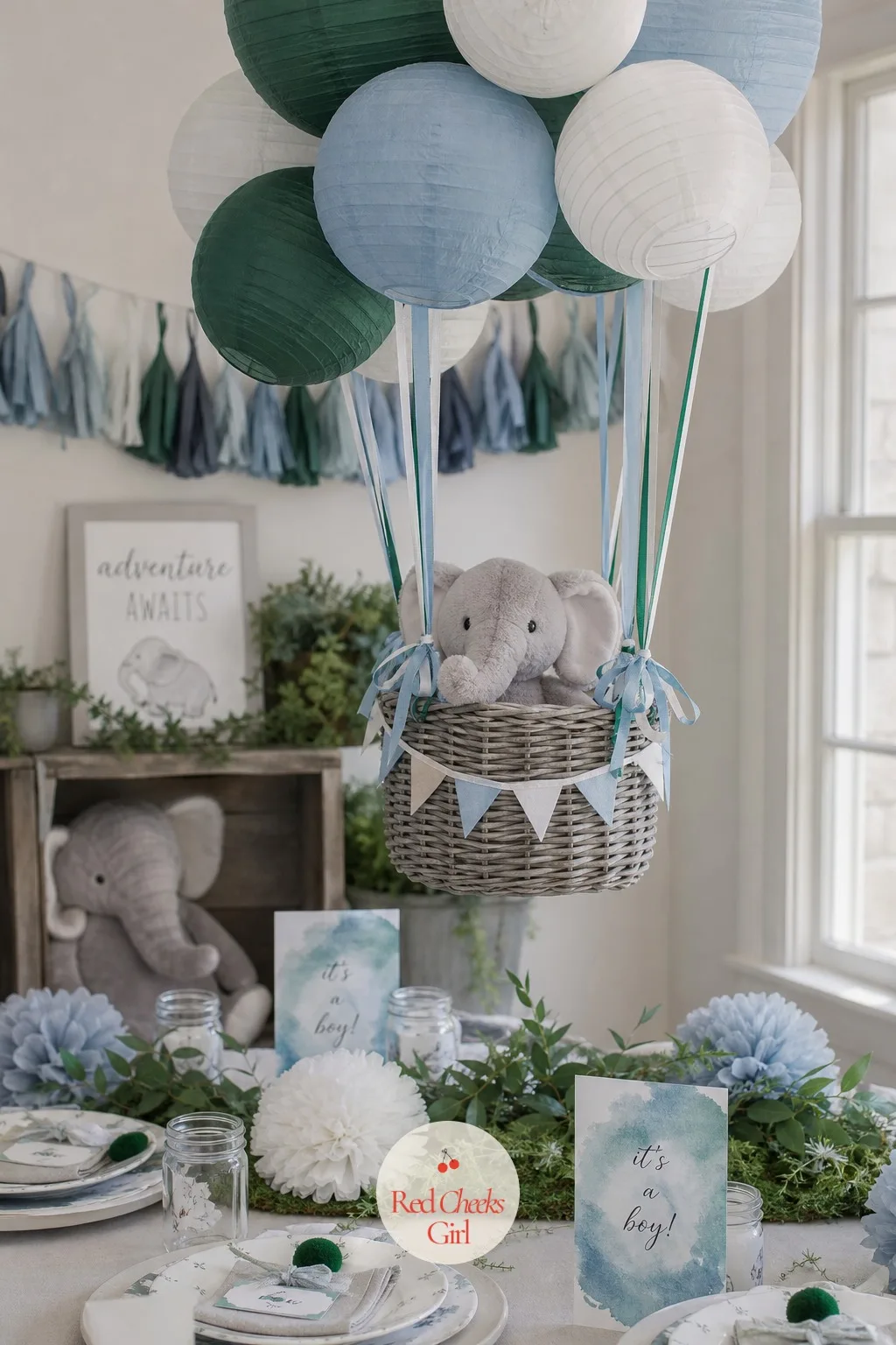 Elephants In Hot Air Balloon Baskets — This is the detail guests stop mid-sentence for. Elephant baby shower theme