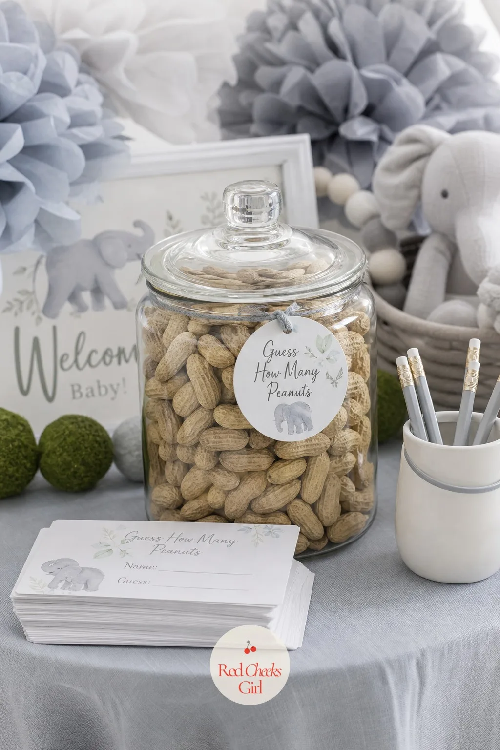 Guess How Many Peanuts — This one needs almost no setup and somehow holds attention the whole party. Elephant baby shower theme