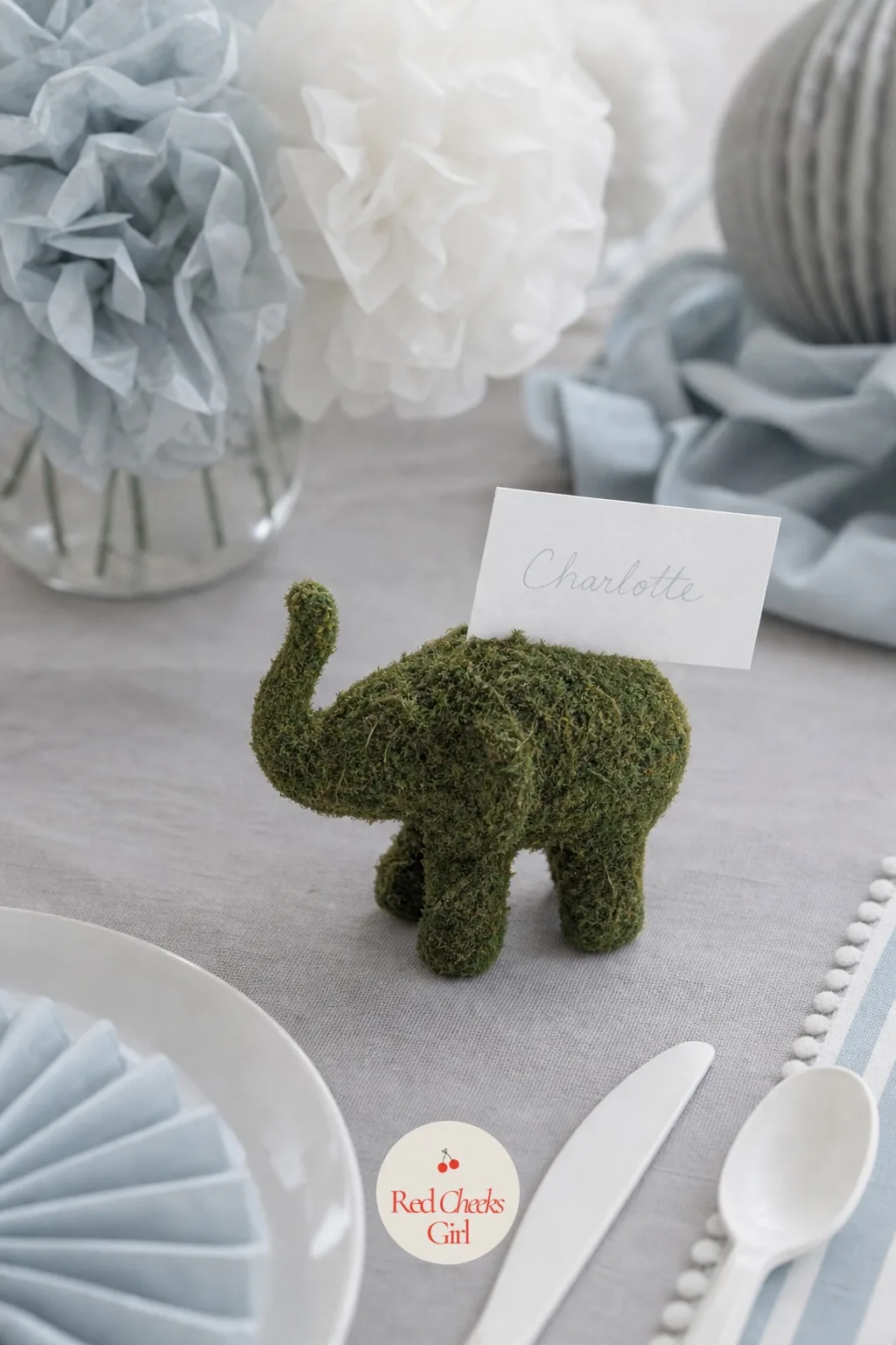 Mini Moss Elephant Place Cards — These are the little sibling to the giant moss elephant by the dessert table, small enough to go home in a handbag. Elephant
