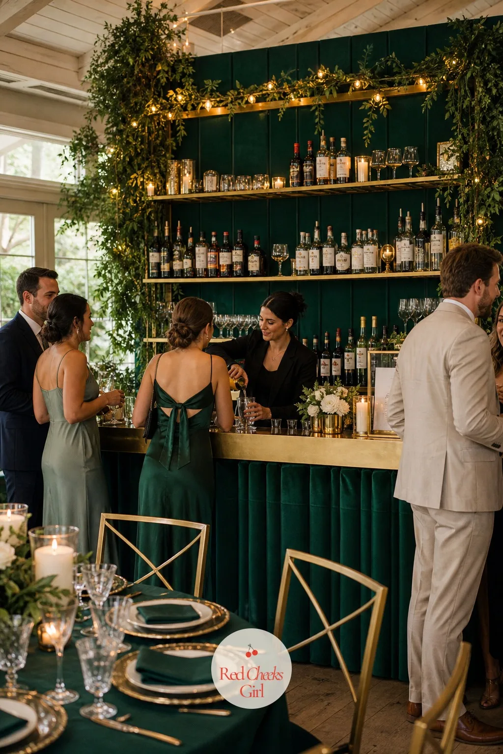The Bar Backdrop in Emerald Paneling and Brass Shelving — Behind the bartender, a bare wall does nothing for the room, so this fills it. Emerald green wedding