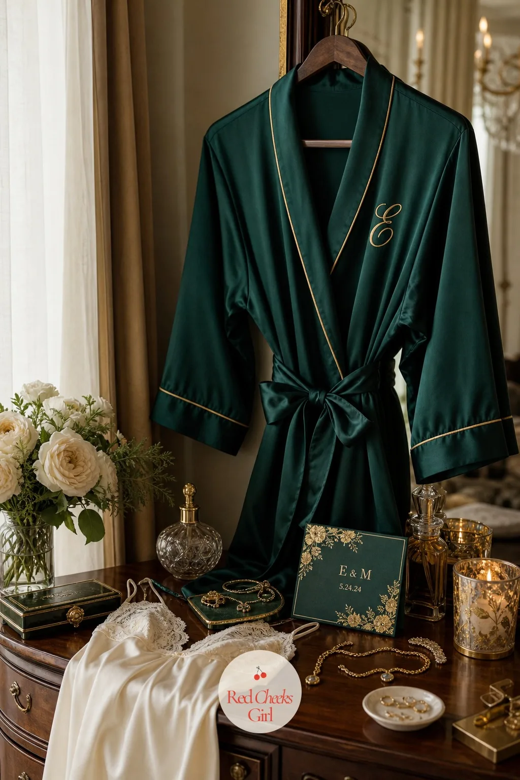 The Bride's Emerald Charmeuse Robe for Getting Ready — The getting-ready photos happen before anyone sees the dress, and this is what carries the palette into