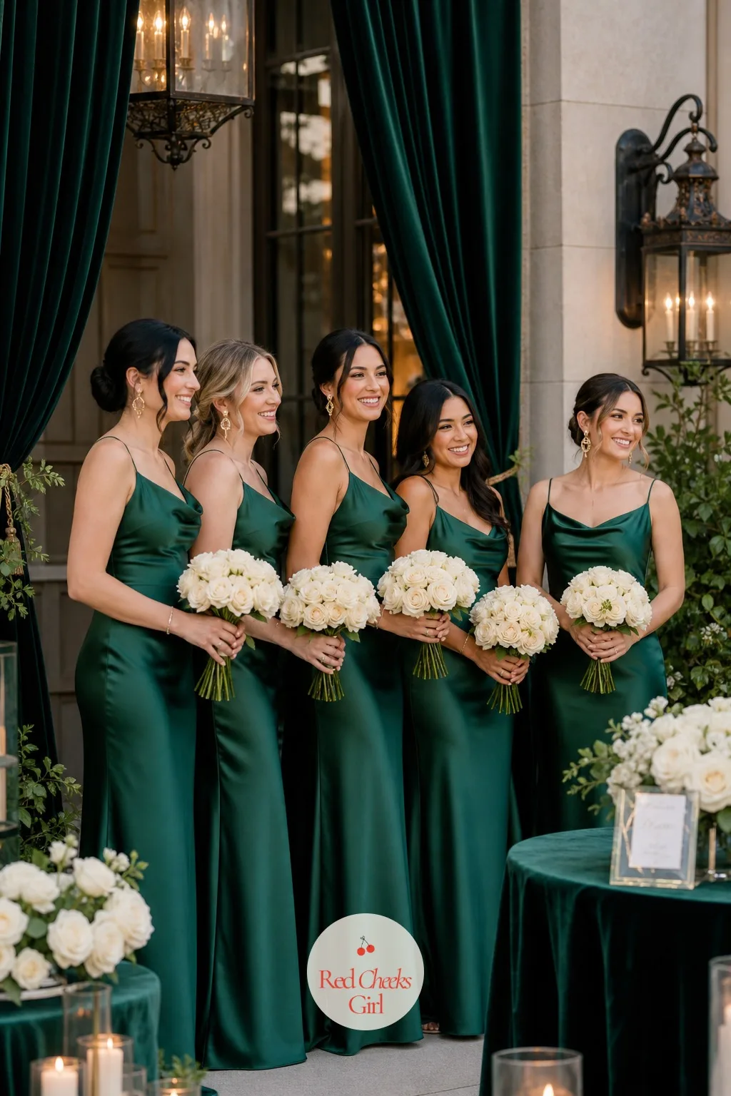 Bridesmaids in Emerald Satin — When the bridesmaids walk the aisle, they carry the color in motion, which no tablecloth can do. Emerald green wedding theme