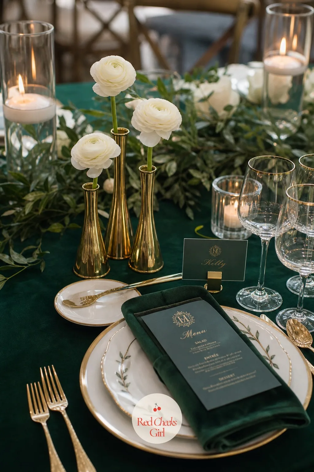 Bud Vases of Ivory Ranunculus at Every Setting — Between the big centerpiece moments, a scatter of small vases keeps the table from feeling empty up close.