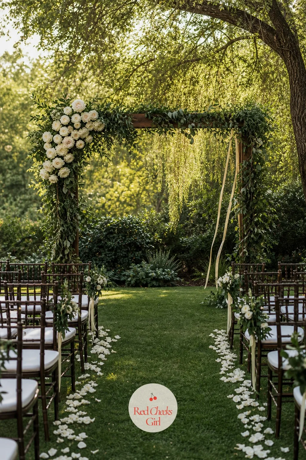 The Ceremony Arch in Emerald Ivy and Ivory Roses — If the ceremony happens anywhere with a backdrop of trees or a garden wall, this is the one structure every