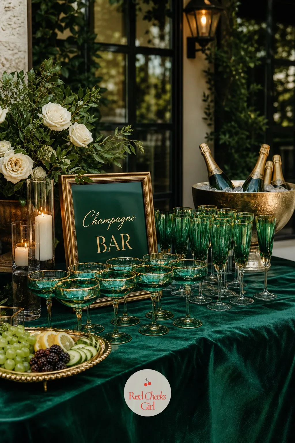 The Champagne Bar in Emerald Glassware — A self-serve bar gives guests a reason to linger between the ceremony and dinner. Emerald green wedding theme