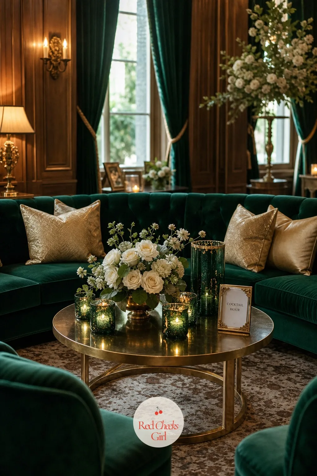 The Cocktail Hour Lounge in Emerald Velvet and Brass — Guests need somewhere to stand with a drink before dinner, and a cluster of low seating does more for