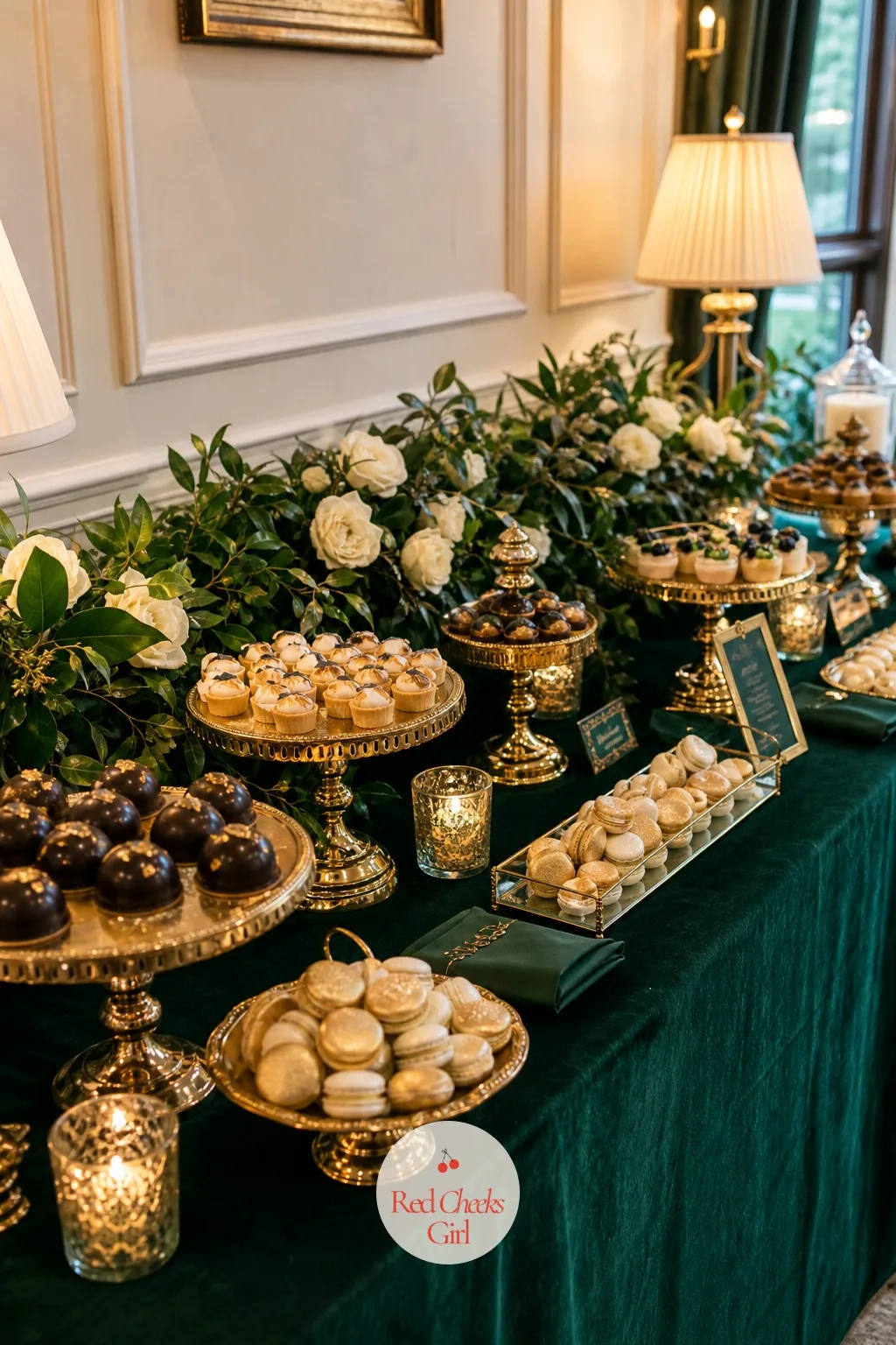 The Dessert Table in Emerald Linen and Gold Stands — Beyond the cake, a separate dessert spread gives guests something to graze on during dancing. Emerald