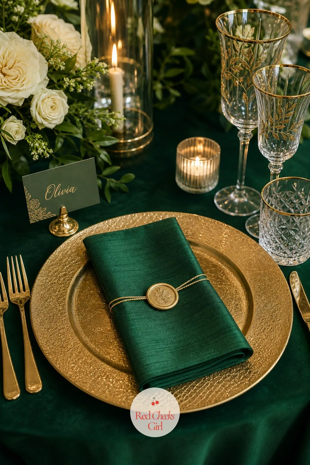 Emerald Dupioni Silk Napkins with a Gold Wax Seal — The napkin is the one textile every guest actually touches before the first course arrives. Emerald green