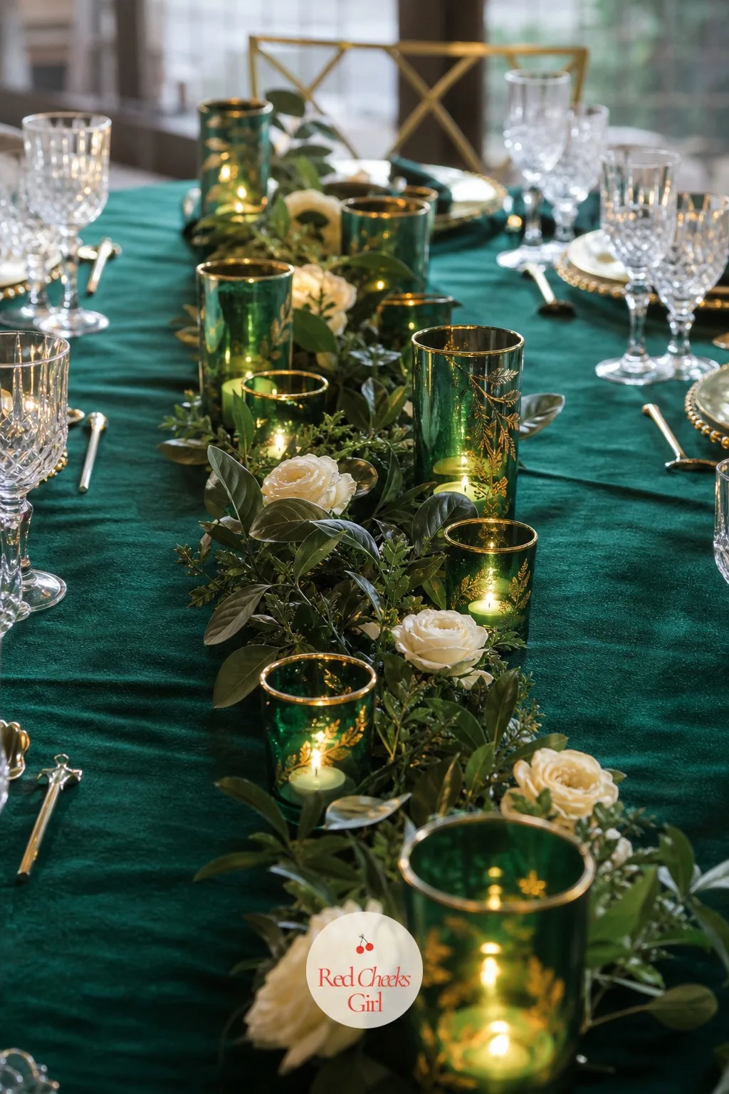 Emerald Glass Votives Down the Table — Once the big centerpieces are in place, this is what fills the gaps and keeps the table glowing at eye level. Emerald