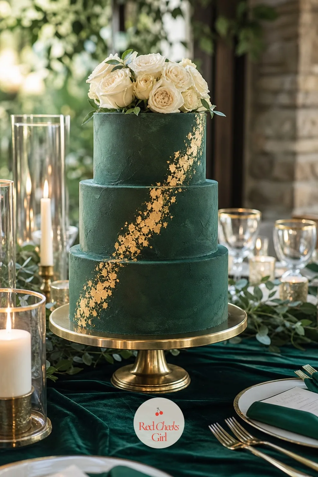 The Emerald and Gold Cake with Gold Leaf — The cake is the one object every guest photographs before it is cut, so it carries the heaviest version of the