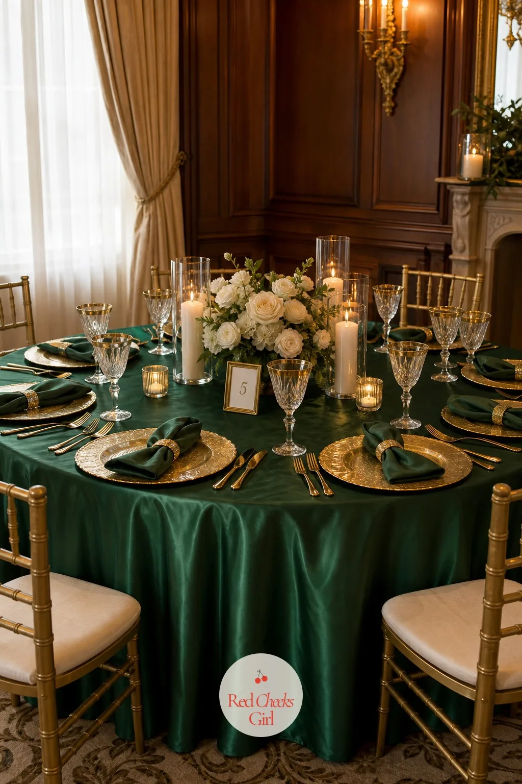 Emerald Tablecloths with Gold Chargers and Crystal Goblets — This is the moment guests actually sit inside the theme, elbows on the cloth, glass in hand.