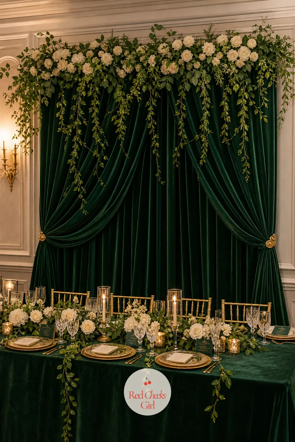 Emerald Velvet Drapery Behind the Head Table — Every photograph of the head table happens in front of this, so it earns the budget it takes. Emerald green