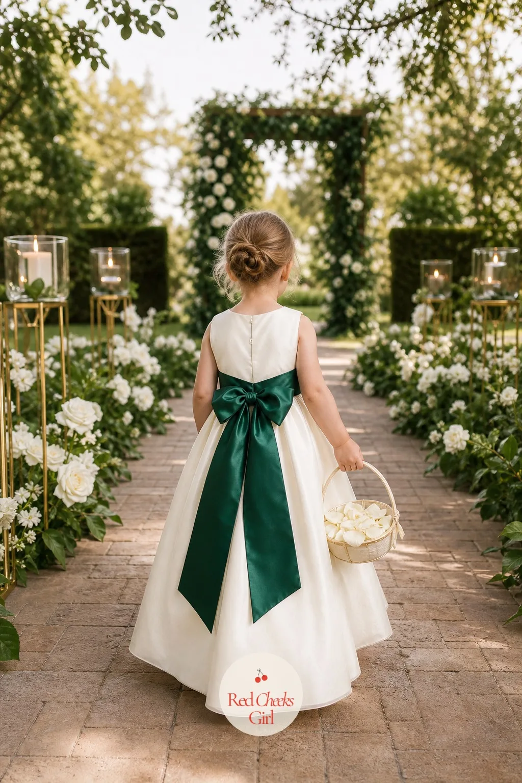Flower Girl in an Emerald Taffeta Sash — The flower girl is a small, bright echo of the bridesmaids just ahead of her in the aisle. Emerald green wedding theme