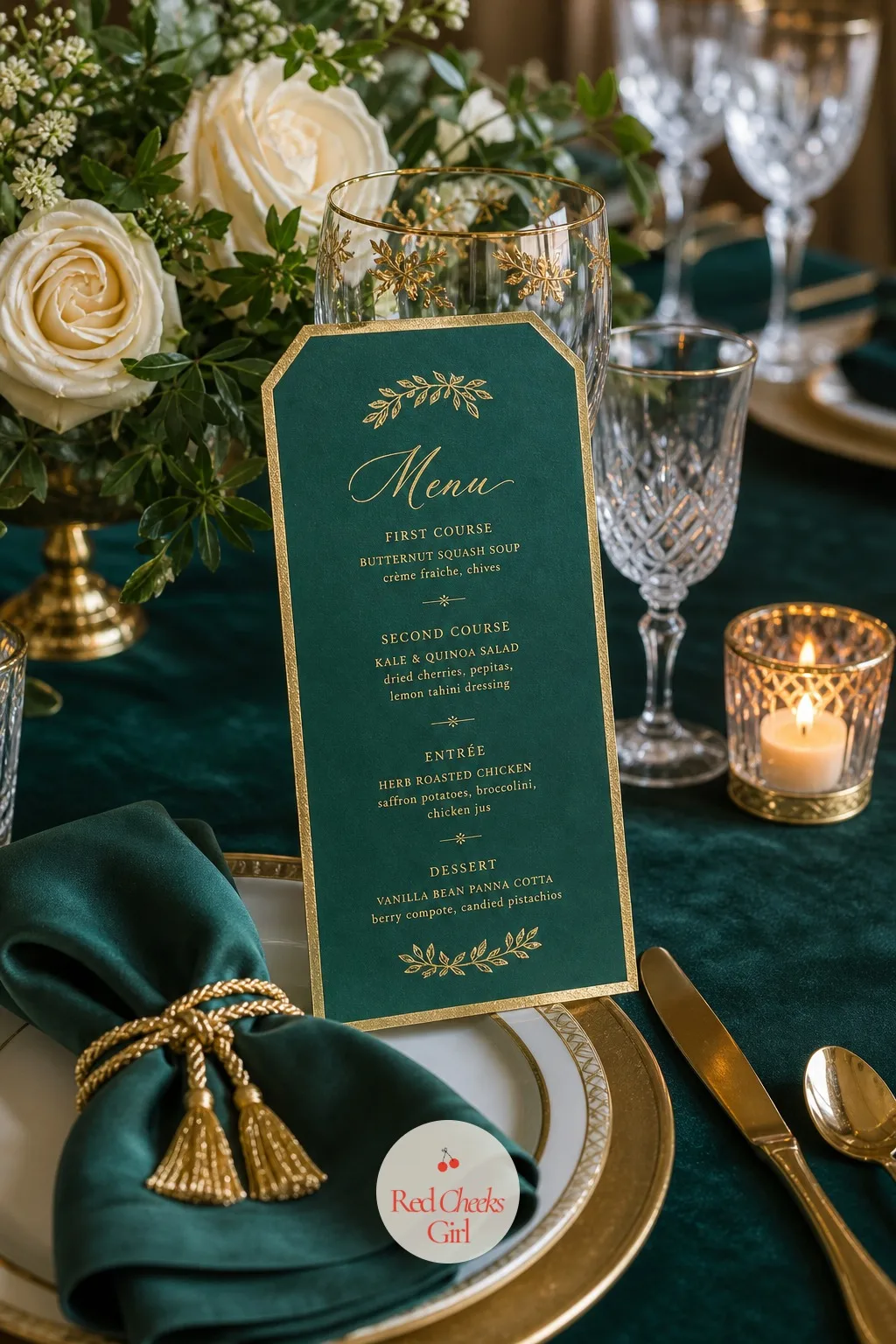 Gold-Rimmed Menus on Emerald Card — Before the first course arrives, this is the only reading material at the table. Emerald green wedding theme