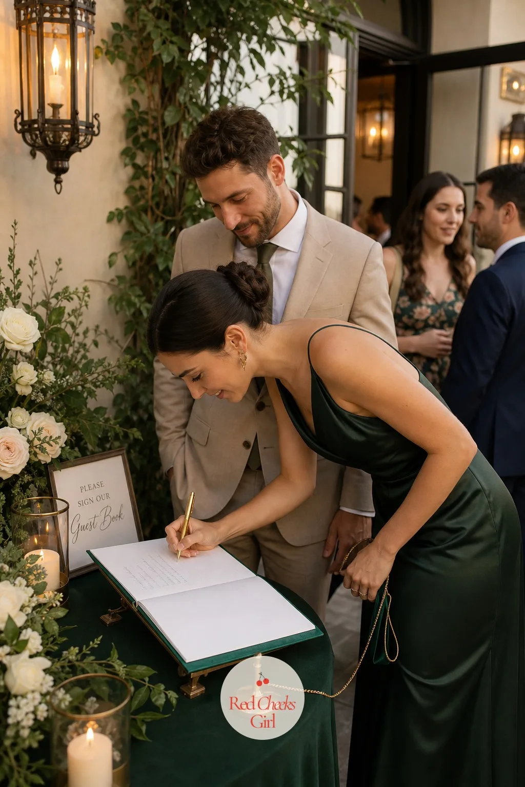 The Guest Book in Emerald Moire with a Gold Pen — This is the one object from the whole day that comes home and stays on a shelf for years. Emerald green