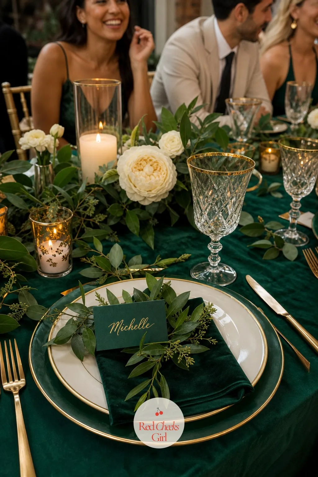 Place Cards in Gold Ink Tucked into Greenery — Every guest looks for their own name before they do anything else at the table, so this is a small object with a