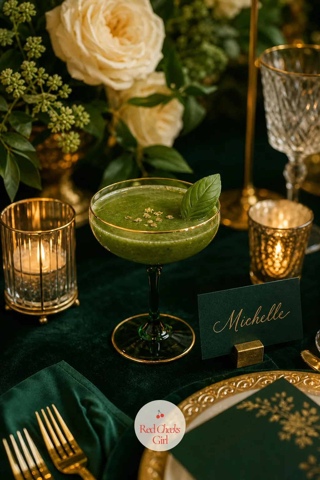 The Signature Cocktail in Gold-Rimmed Emerald Coupes — One named drink gives the bar a story worth telling, and a green-hued pour fits the palette without any