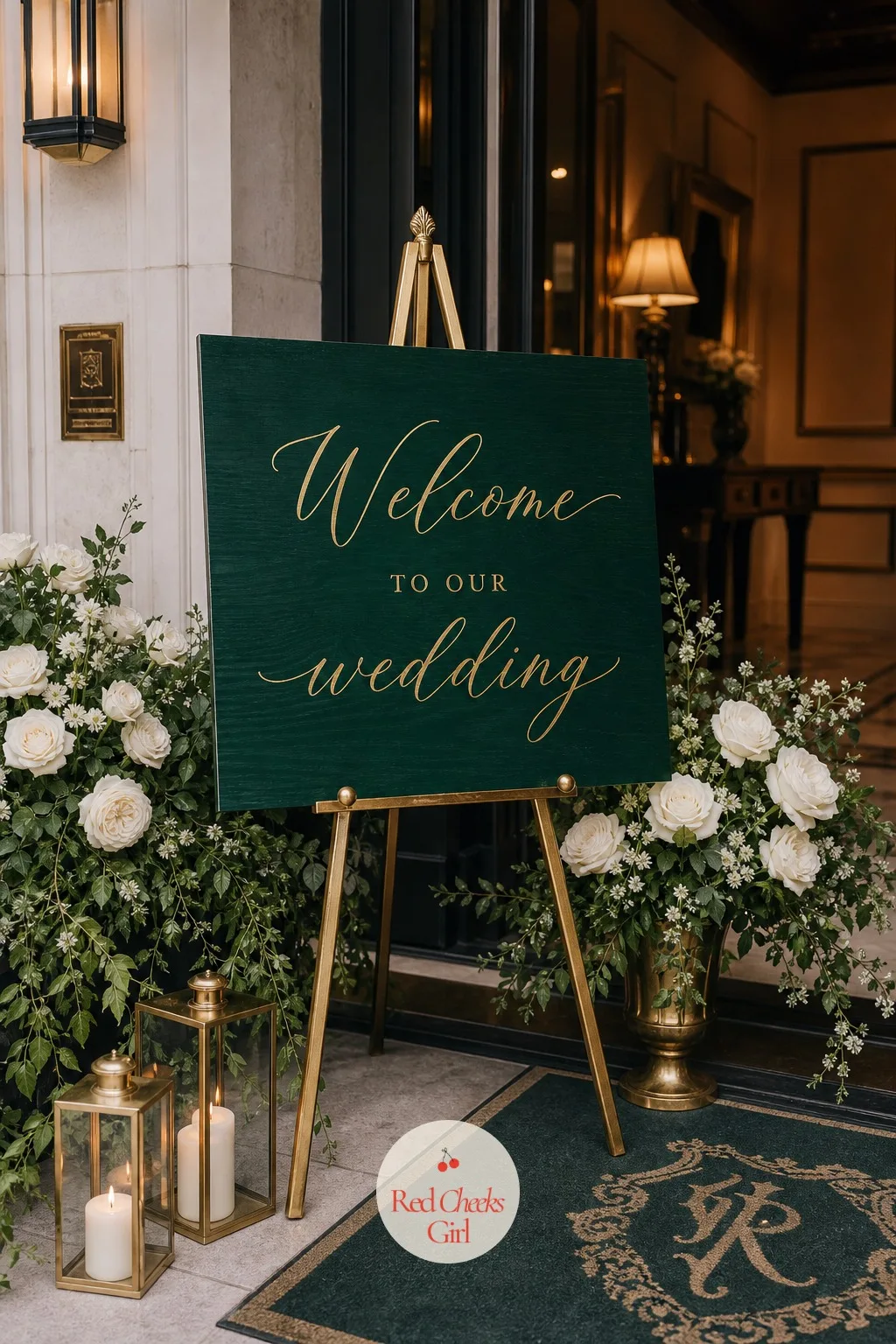 The Welcome Sign in Gold Script on Emerald Board — This is the first object guests actually read, so it sets the tone before they even find their seat. Emerald