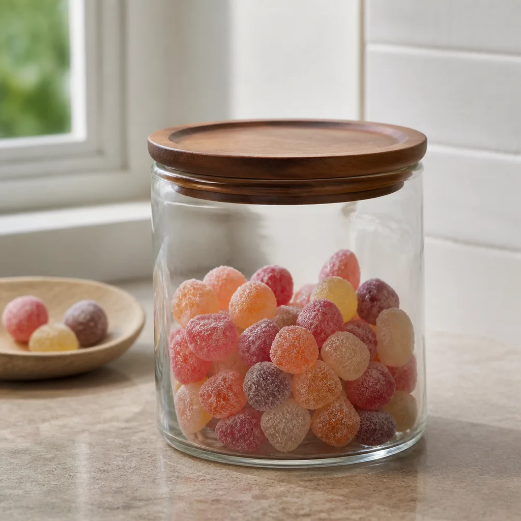 Glass Candy Jar — An empty corner of a desk looks less inviting than one with something to offer a visitor. Employee appreciation gifts